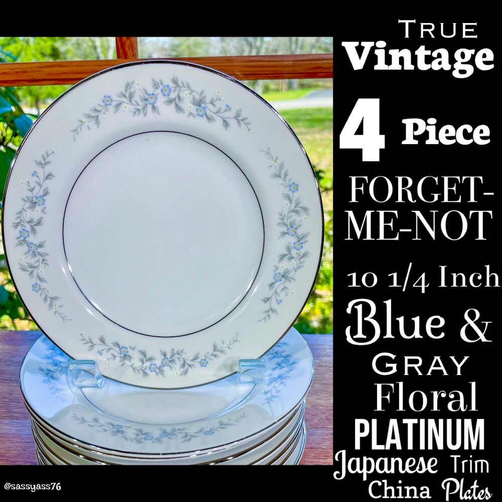 ▪️VTG▪️FORGET-ME-NOT▪️4 Piece 10.25" Blue Gray Floral Platinum Fine China Plates